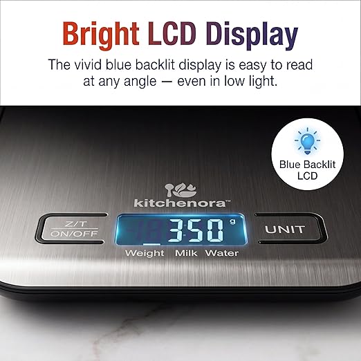 Digital Food Kitchen Scale, 11lb/5kg Capacity with 1g Precision, 5 Units (g/oz/lb:oz/ml/fl'oz), 304 Stainless Steel Surface, Backlit LCD, Tare Function for Cooking, Baking, Keto & Meal Prep