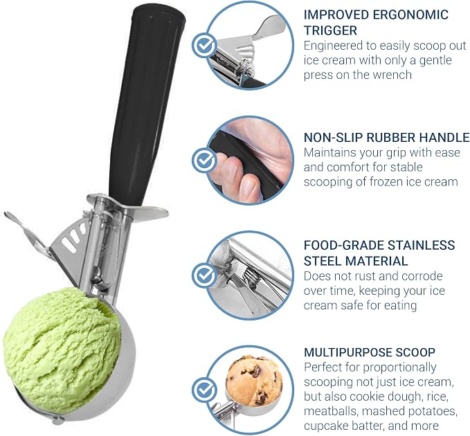 Meadow Lane Trigger Scoop - #24 Size (2-in Diameter) 2.7 Tbsp Capacity, Stainless Steel, Portion Control, Ice-cream & Cookie Dough Scoop, Black
