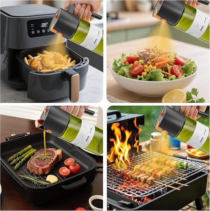 LAKUMIQI 2 in 1 Oil Sprayer for Cooking, 17oz | Light-Blocking Glass Spray Bottle with Stickers, Oil Dispenser for Salad, Air Fryer & BBQ
