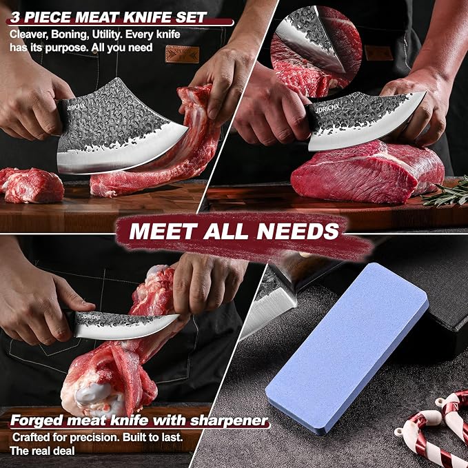 3-Piece Hand Forged Butcher Knife Set with High Carbon Steel | Includes Meat Cleaver and Boning Knife with Full Tang Design for BBQ and Meat Preparation