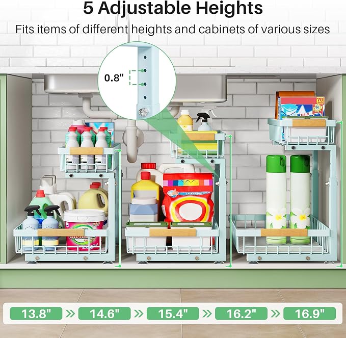 Kitstorack Under Sink Organizer, 2 Tier Under the Sink Storage, Slide out Pull out Cabinet Organizer Shelf, Metal Sliding Drawer for Kitchen Bathroom Pantry Closet Organization Rack, Blue, 1 Pack