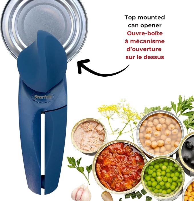 Starfrit MightiCan Can Opener, Safe Smooth-Cut Design, Holds Lid and Leaves No Sharp Edges, Comfort Grip Handle, Heavy-Duty Non-Slip Knob, 3-Year Warranty, Blue