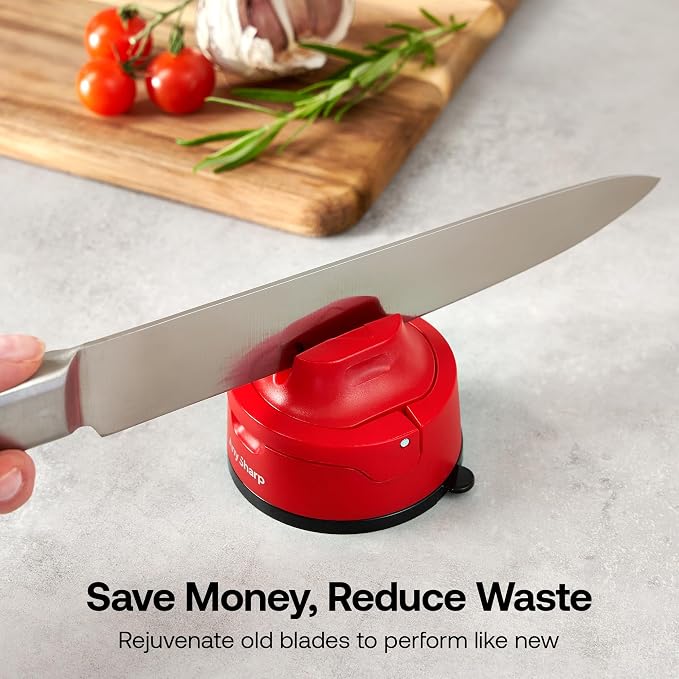 AnySharp – Evo – Hands Free Knife Sharpener - Easy to Use Sharpening Tool with Improved PowerGrip Suction Base and 20-Deg Pre-Set Angle - for All Knives: Chef's, Serrated, and Hardened Steel - Red