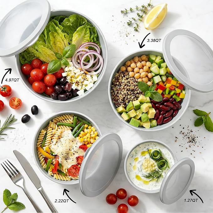 BoxedHome 4.97 Quarts Nesting Plastic Mixing Bowls, BPA-Free Plastic, Microwave and Dishwasher Safe, Set of 4, 4.97/3.38/2.22/1.27 quart, Gray
