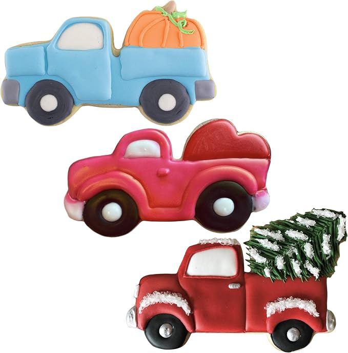 Ann Clark Vintage Truck Cookie Cutters 3-Pc. Set Made in the USA, Harvest Truck with Pumpkin, Vintage Truck with Christmas Tree & Heart
