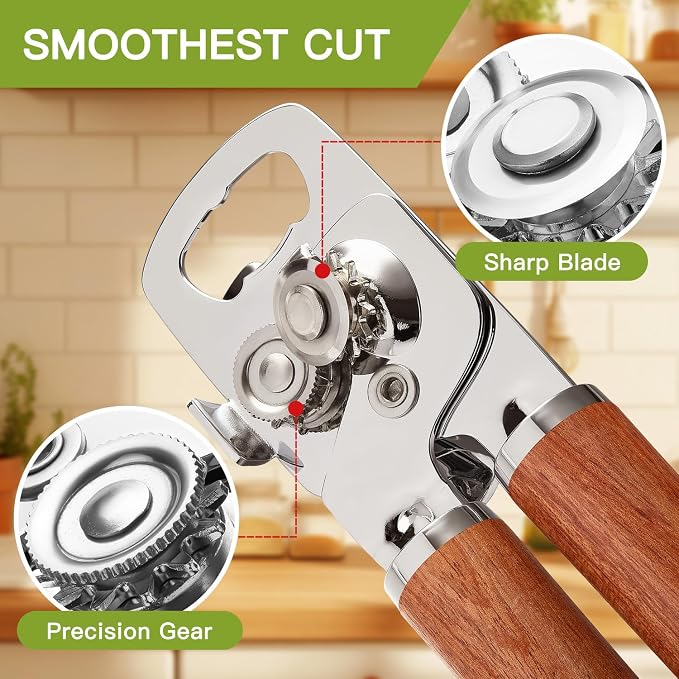 KULUNER Manual Can Opener with Solid Rosewood Handle, Large Easy-Turn Knob, Sharp Stainless Steel Blade, Handheld Design for Arthritis & Seniors - Also Opens Bottles (Rosewood Finish)