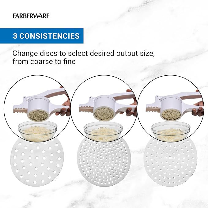 Farberware Professional Potato Ricer with 3 Stainless Steel Discs and Ergonomic Plastic Handle, White - Makes Fluffy Mashed Potatoes, Rices Vegetables and Fruits, Dishwasher Safe, 13.75 Inches