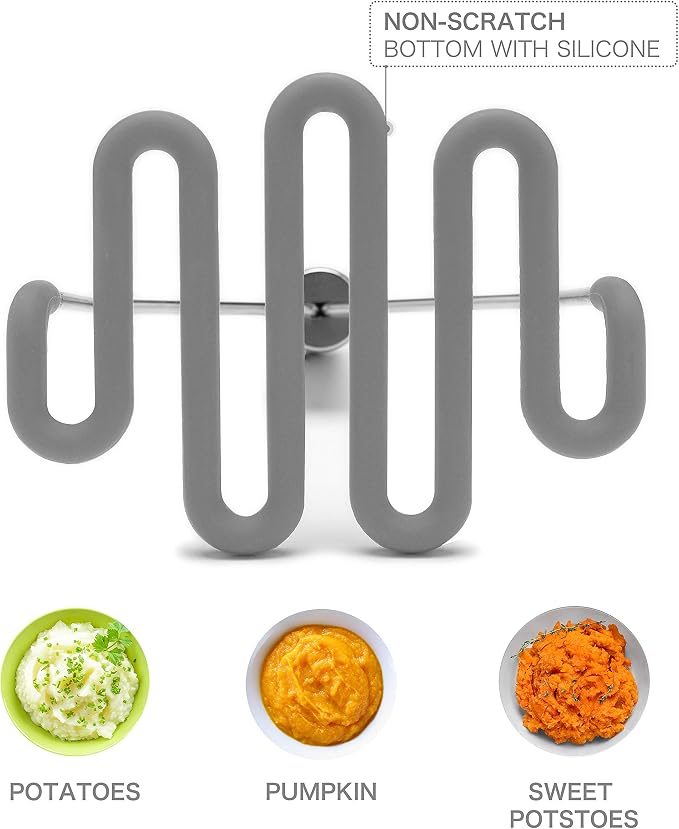 Jell-Cell Potato Masher - Silicone Protect Body with Premuim Stainless Steel Non Scratch Cookware for Smooth Mashed Potato Vegetables and Fruits Color Grey