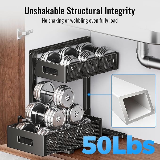 TISTAYA Under Sink Organizer, Silk-Smooth Metal Sliding Drawer Organizers and Storage Rack, Pull Out Cabinet Shelf for Kitchen, Bathroom, Pantry, Cabinet, Closet