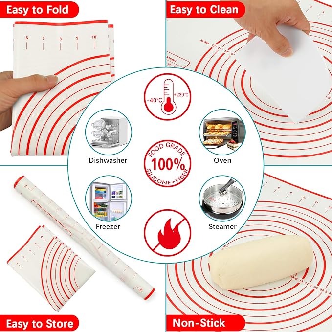 MIKULA Rolling Pin, Rolling Pins Thickness Rings and Silicone Baking Pastry Mat Set, Stainless Steel Dough Roller Rolling Pins for Baking & Bench Scraper For Pizza, Cookies, Pie, Pasta, Pastries