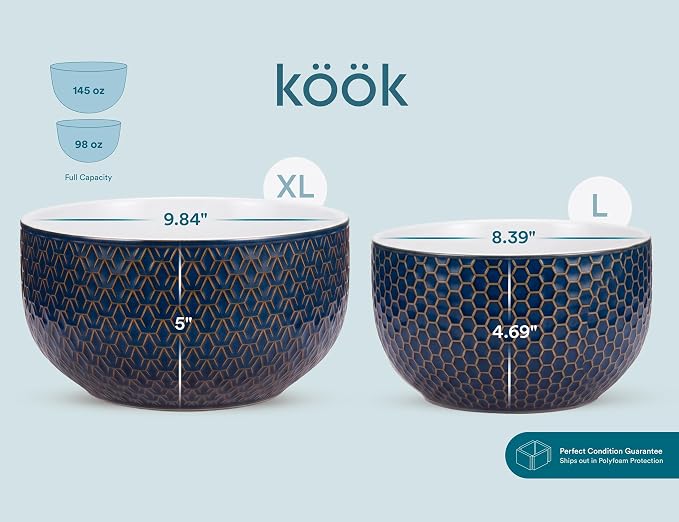 Kook Ceramic Nesting Bowls, Embossed Kitchen Bowls, For Prep, Mixing and Serving, Microwave and Dishwasher Safe, Midnight Blue with Burnt Copper Accents, 20/44/98/145 oz, Set of 4, Narbonne Collection