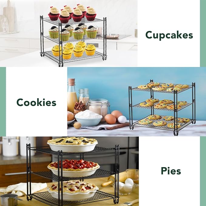 Nifty 3-Tier Cooling Rack – Non-Stick Coating, Wire Mesh Design, Dishwasher Safe, Collapsible Kitchen Countertop Organizer, Use for Baking Cookies, Cakes, Pies