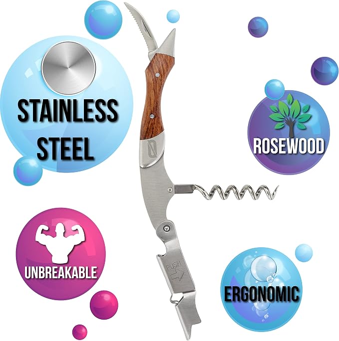 BAR NONE The Corkstractor Pro | Wine Corkscrew Wine Opener Bottle Opener Waiter Corkscrew Waiters Corkscrew Wine Key Beer Opener Wine Foil Cutter Wine Opener Cork Screw Corkscrews (SS with Rosewood)