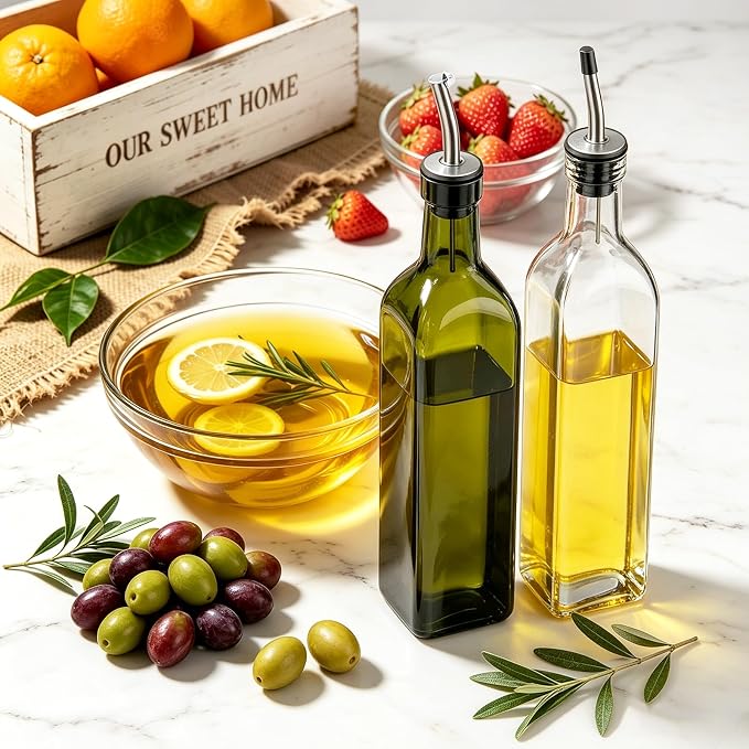 Leaflai Olive Oil Dispenser Bottle, 2 Pcs Glass Olive Oil Dispenser and Vinegar Dispenser Set with 2 Stainless Steel Pourers, 4 Labels,1 Brush and 1 Funnel Oil Bottles for Kitchen (500ml)