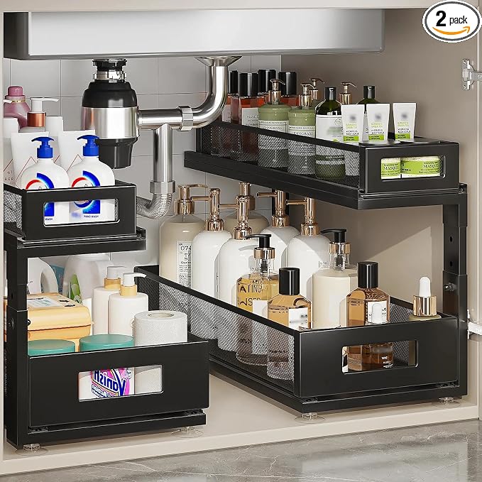 2 Pack 18.5IN-Depth Under Sink Organizer With Next-Gen Ball-Bearing Slides,2-Tier Pull Out Cabinet Storage,Height Adjustable Drawer Shelf for Bathroom,Kitchen,Laundry,Cabinet,Pantry-Black