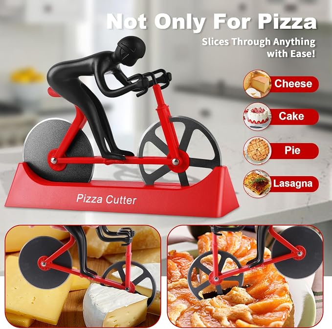 Bike Pizza Cutter,Bicycle Pizza Slicer,Stainless Steel Pizza Cutter Wheels with Stand,Unique Kitchen Gadget,Gifts for Cyclists Men,Cool Men’s Gift