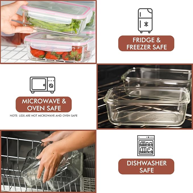 Razab 16 Pc (Set of 8) 30 Oz Glass Meal Prep Containers with Lids, Airtight Large Glass Food Storage Containers, Reusable Leak Proof BPA Free, Freezer to Oven and Dishwasher Safe