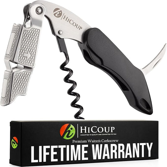 HiCoup Kitchenware Wine Opener - Professional Corkscrews for Wine Bottles w/Foil Cutter and Cap Remover - Manual Wine Key for Servers, Waiters, Bartenders and Home Use - Classic Black