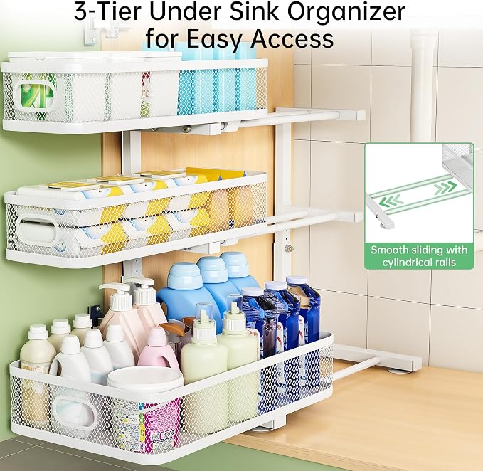 2-Pack 3-Tier Under Sink Organizer, Slide Out Cabinet Storage, Kitchen/Bath | 2-Pack Value Set, Height Adjustable, Carbon Steel Holds 60 lbs Each, Fits Kitchen & Bathroom Vanity Simultaneously