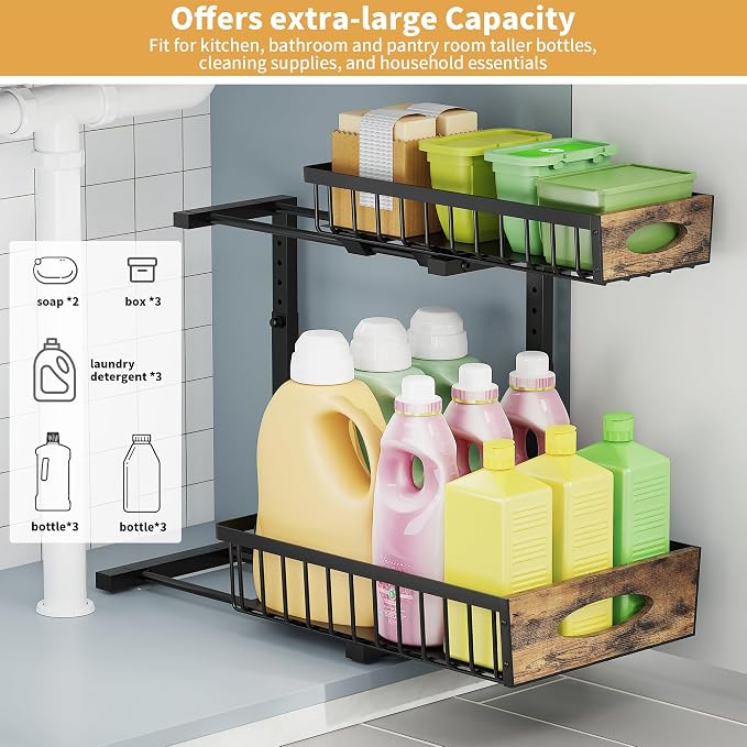 2 Pack Metal Under Sink Organizer with Sliding Drawer, Black | Anti-rust Carbon Steel, L-Shaped, Adjustable Height, Pull-out, Stable 80lb Load-bearing Capacity for Kitchen,Bathroom, Pantry