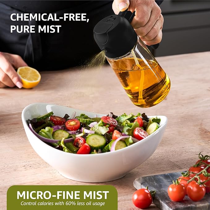 FineDine 16 oz Glass Olive Oil Sprayer for Cooking, Oil Dispenser, Black | Glass 2-in-1 olive oil dispenser bottle, oil dispenser for kitchen, oil spray bottle, mist or stream, anti-drip spout, salads