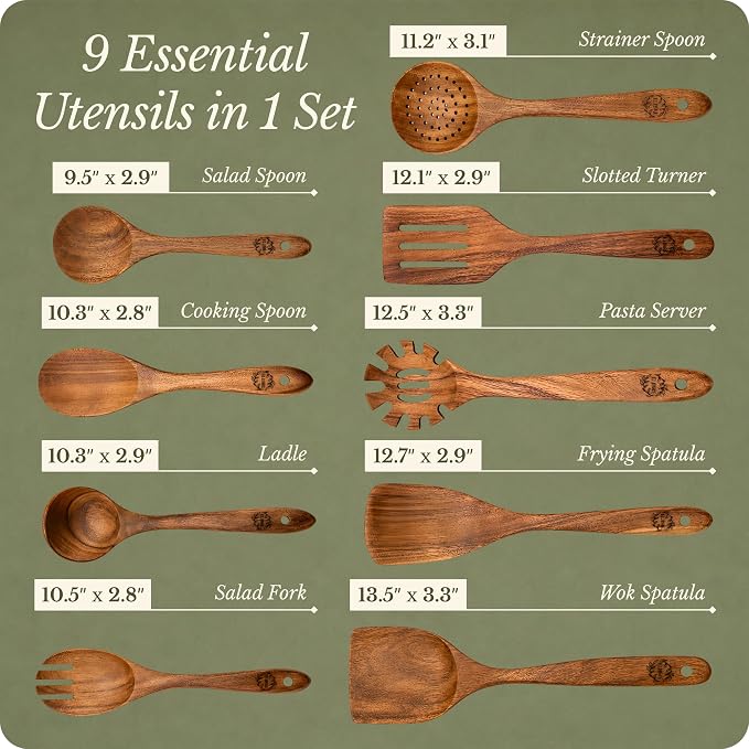 Elibre Premium 9 Piece Teak Wooden Kitchen Utensil Set | Includes Wooden Spoon, Spatula, Slotted Spoon, Ladle, Serving Tools | Heat Resistant | Non-Toxic & Safe for Cooking | Non-Stick, Gentle on Pans