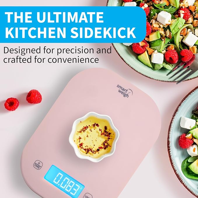 Food Scale, 11lb Pink Compact Digital Kitchen Weighing Scale with LCD Tare, 1g/0.1oz Precision, Grams and Ounces for Baking, Cooking, Calorie Tracking, Meal Prep and Weight Loss - Smart Weigh