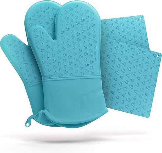 Cosy House Collection 4-Piece Oven Mitt & Pot Holder Set | Heat Resistant Trivet Cooking Gloves - Durable & Comfortable Long-Lasting Silicone - Cooking, Baking & Grilling (Turquoise)