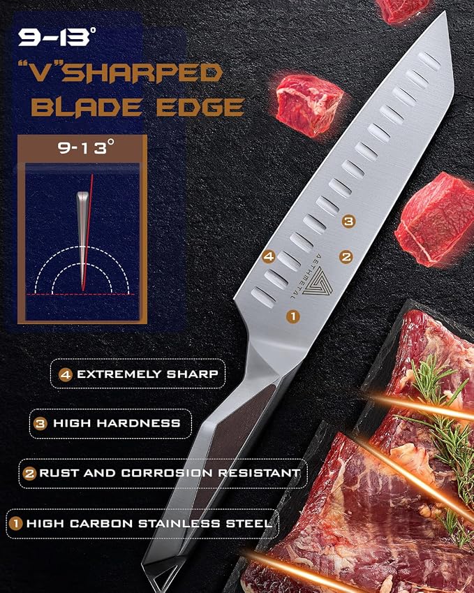 7 Inch Santoku Knife, Full Tang Kitchen Knife with Hollow-Ground Blade, High Carbon Stainless Steel Chef Knife for Meat, Vegetables & Fruits, Ergonomic Metal Handle, Premium Gift Box