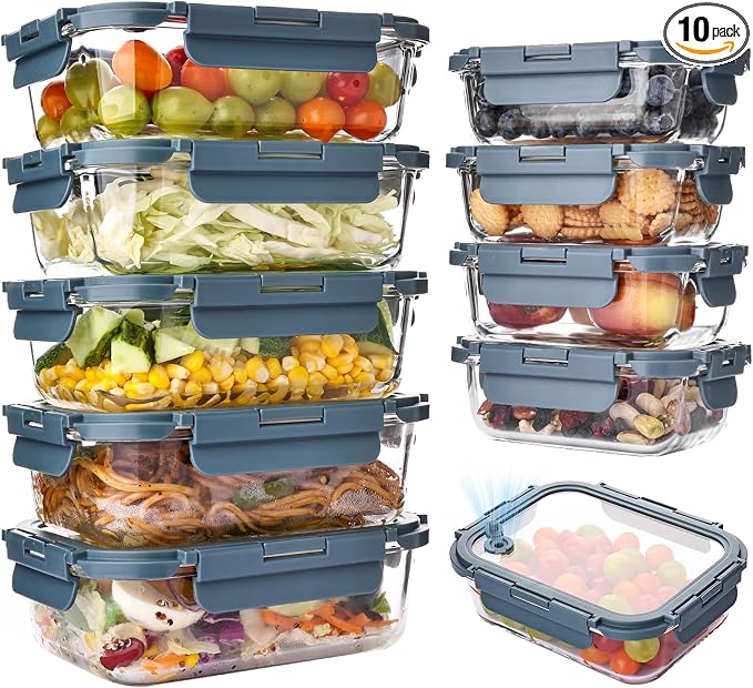 Liuruiyu 10 Pack Glass Food Storage Containers with Glass Lids, Airtight Meal Prep Containers, Leak-Proof Bento Boxes for Microwave, Oven, Freezer & Dishwasher, BPA-Free
