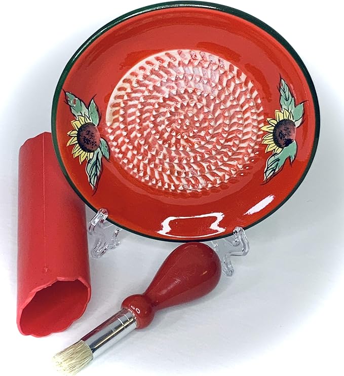BonCera, All-in-one Premium Ceramic Garlic Grater Plate 4-Piece Set - Red Sunflower Design, Classic Style - For Garlic, Ginger, Chocolate, and more! - Comes with 5.25" Plate, Peeler, Brush, and Stand