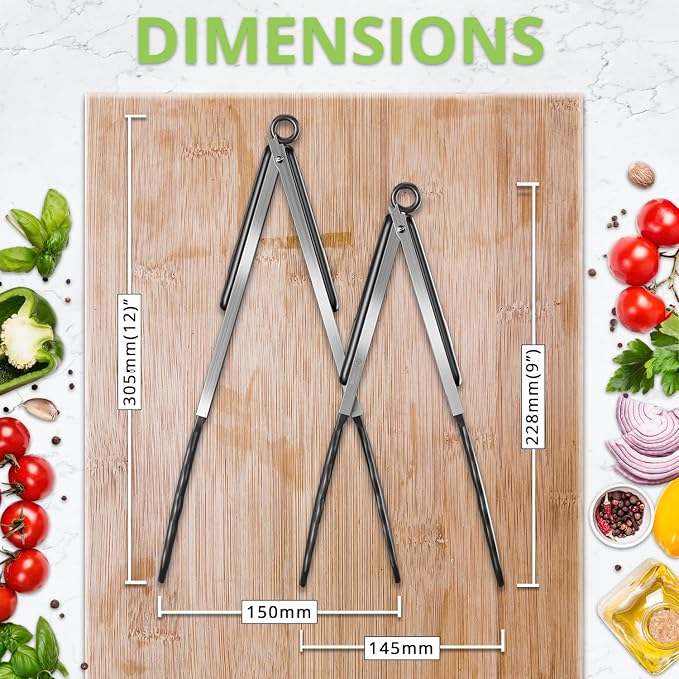 Oliver's Kitchen ® Tongs - 2x Food Safe Silicone Cooking Tongs - Locking Clip for Easy Storage - Great for BBQ - Easy To Use & Grip Kitchen Tongs - Stylish Stainless Steel Design