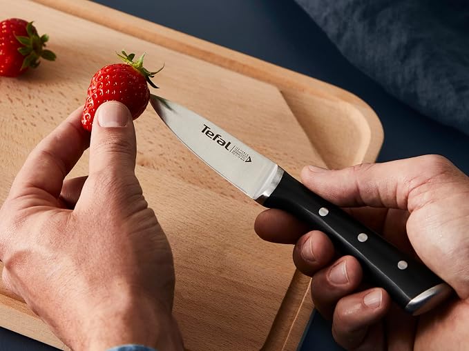 Tefal Wooden Knife Block 5pc Set- Ice Force Knives, German Stainless Steel & Premium Design - Bread 20 cm | Chef 20 cm | Santoku 18 cm | Utility 11 cm | Paring 9 cm - K232S574