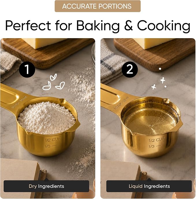 Color Up Measuring Cup Set, 8 Piece – Includes 2 Cup, Gold Finish, Stainless Steel, Accurate for Wet & Dry Ingredients, Embossed Markings, Easy-Pour Spouts, Dishwasher-Safe, Kitchen Essential