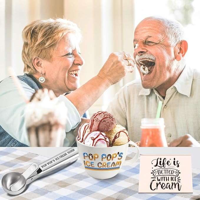FUTBU Pop Pop Gifts, Gifts for Poppop from Grandkids, Pop Pop's Ice Cream Bowl Scoop Shovel Spoon Set, Pop-Pop’s Ice Cream Gift, Ideal Xmas Birthday Father's Day Man Gifts