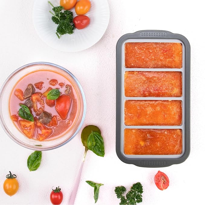 Extra Large Silicone Cube Freezing Trays with Lid - 1 Cup Portions, Makes Four Great Soup, Broth, Sauce or Butter Trays - 2 Pack, Grey