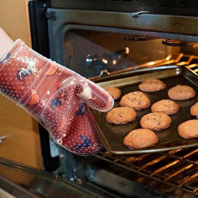 Oven Mitts Set of 2 with Transparent Clear Silicone Shell and Nice Shell Flower Cotton Lining, Heat Resistant to 500 F Kitchen Oven Gloves Pot Holder for Cooking (Rooster, Oven Mitts)