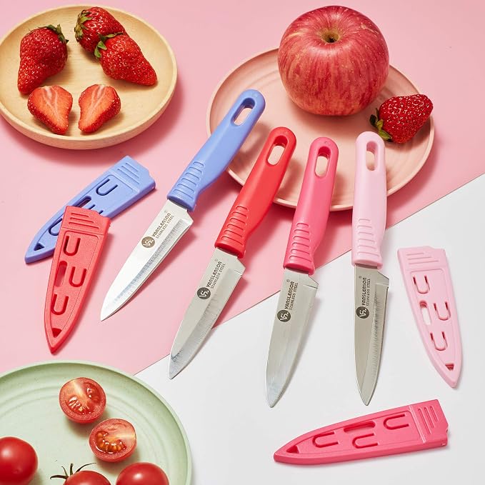 4 Pieces Kitchen Knife Set Stainless Steel Blade, Paring knife for Fruit and Vegetable with Matching Covers Colorful Combo Lovely Pink Color Gift Set (4)