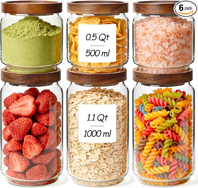 ComSaf Glass Pantry Storage Container with Acacia Wood Lids 1.1/0.5Qt 6Pack | Food Canister for Cooks, Oats Coffee Sugar Nuts Snacks Tea Candy, Pantry Kitchen Living Room, Stacked Design, Jar with Labels
