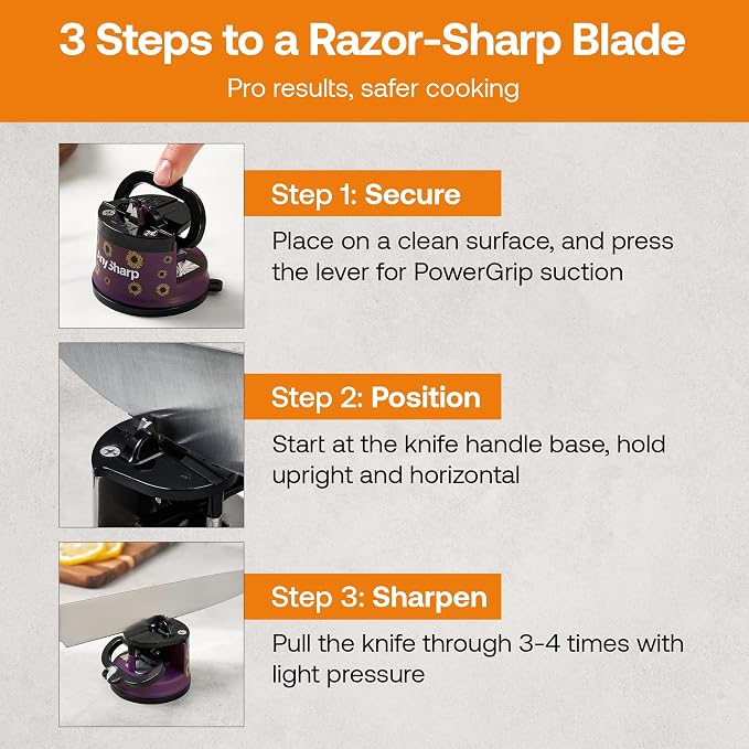 AnySharp – Editions – Hands Free Knife Sharpener - Easy to Use Sharpening Tool w/PowerGrip Suction Base and 20-Degree Pre-Set Angle - for All Knives: Chef's, Serrated, and Hardened Steel - Sunflower
