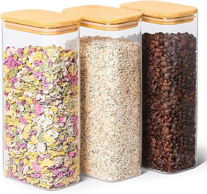 ComSaf Glass Storage Containers With Lids 2 Qt, Set of 3 Cereal Containers | Pantry Storage Container, Rectangle Jar, Glass Cereal Dispenser, Kitchen Canisters, Dry Food, Flour, Sugar, 64oz, BPA Free
