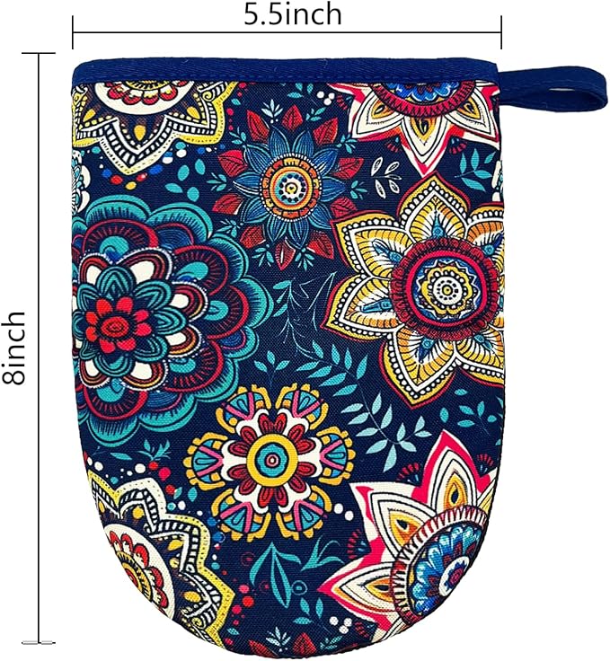 Boho Floral Mini Silicone Oven Mitts 2-Pack Set, Heat Slip Resistant Kitchen Gloves, Soft Short Oven Mittens for Safe Cooking Baking Grilling