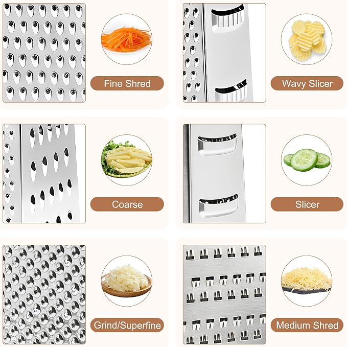 Box grater for kitchen 6 Sided - Cheese Graters Handheld, Stainless Steel Shredder for Food Vegetable Carrot Potato Tomato (Brown)