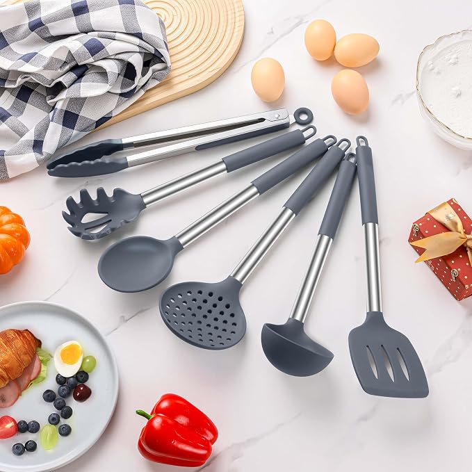 LIANYU Silicone Cooking Utensil Set, 6Pcs Heat Resistant Kitchen Utensils Set, Non-stick Stainless Steel Handle Spatula Tools, Dishwasher Safe, Grey