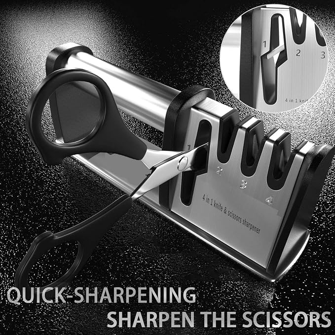 JCHOPE Knife Sharpeners, 4 in 1 Kitchen Blade and Scissors Sharpening Tool, Powerful Professional Chef's Kitchen Knife Accessories, Manual Knife Sharpener Kitchen (Silver), middle