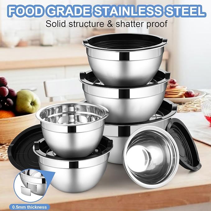 LIANYU Mixing Bowls with Lid Set of 6, Large Size 7, 3.5, 2.5, 2, 1.5, 1QT | Stainless Steel Kitchen Nesting Metal Bowl Sets, Ideal for Baking Cooking Serving Food Storage, Dishwasher Safe, Black
