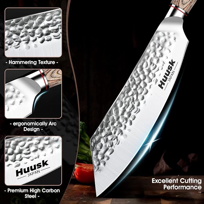 Huusk Japanese Meat Cleaver Knife - 8 Inch Professional High Carbon Steel Hand Forged Butcher Cleaver for Meat & Vegetable Cutting, Sharp Kitchen Knife with Pakkawood Handle, Gift Idea for Men Women