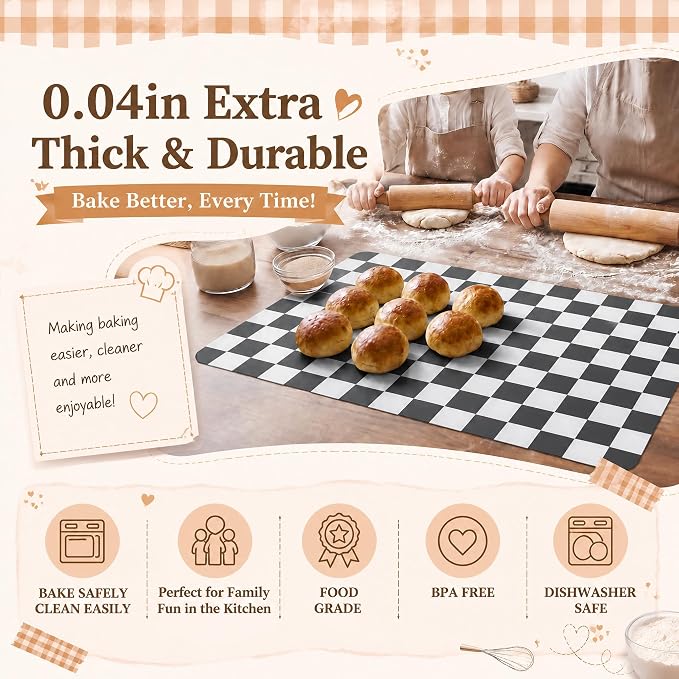 2 Pcs Checkered Silicone Baking Mat Non-Stick Reusable Oven Liner, Food Grade Silicone Roasting Mat with Anti-Slip Grid Design for Baking, Oven, Air Fryer(Black and White, 16.4 x 10.8 Inch)