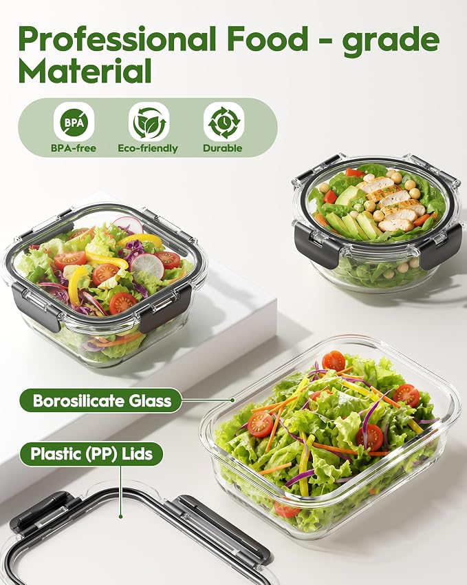 Canfanni 40 Piece Glass Food Storage Containers with Airtight Lids | Borosilicate, BPA-Free, Stackable, Leak-Proof, Meal Prep, Microwave, Dishwasher, Freezer Safe (20 lids & 20 Containers)