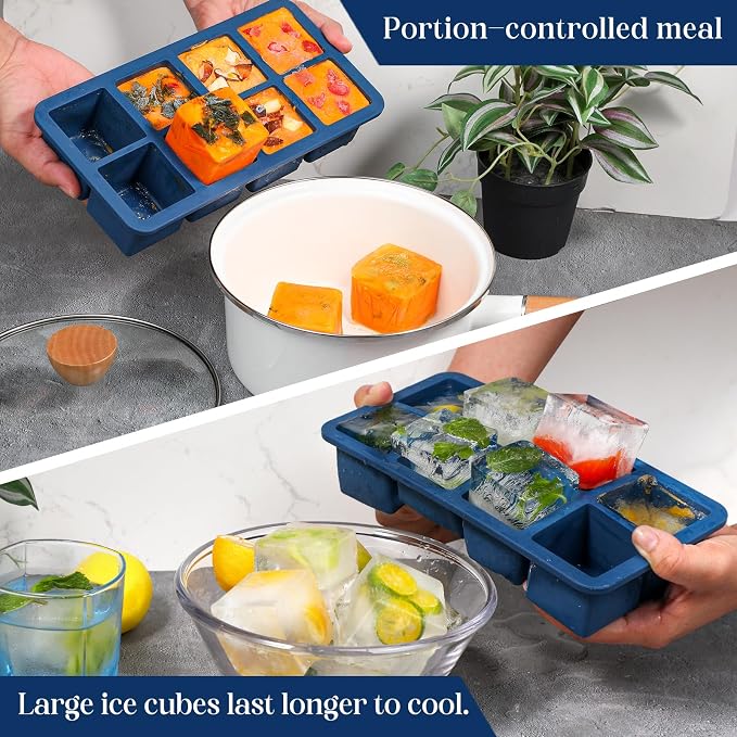 Webake 1/2 Cup Silicone Freezer Tray with Lids, 8-Grid Square Ice Cube Mold, Ideal for Prep & Portion, Large Ice Cube, Storage Soup, Snack, Broth, Leftovers, Pack of 2